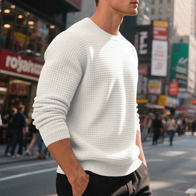 Loose-fit casual men's minimalist sports jacquard small check round-neck long-sleeved sweatshirt