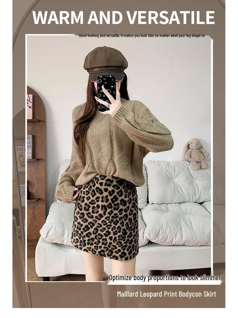 Women's High Waist Leopard Print Woolen Bodycon Skirt - Autumn/Winter 2026 Collection