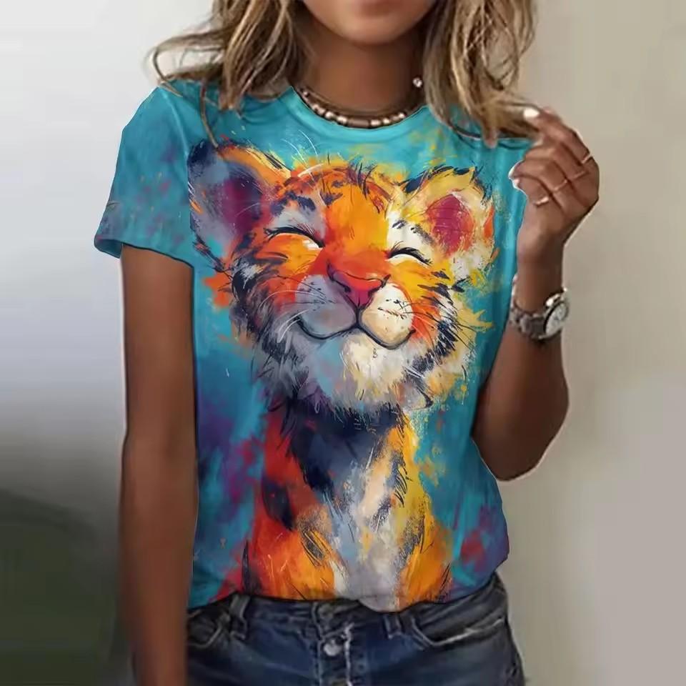Women's T Shirt Cat Casual Short Sleeve Round Neck Regular Tops Daily Print Rainbow Summer