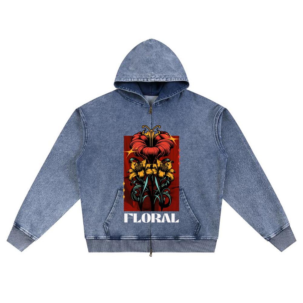 DTG Print Knitted Denim Zip-Up Hoodie Floral Brother Print Zipper Hoodies
