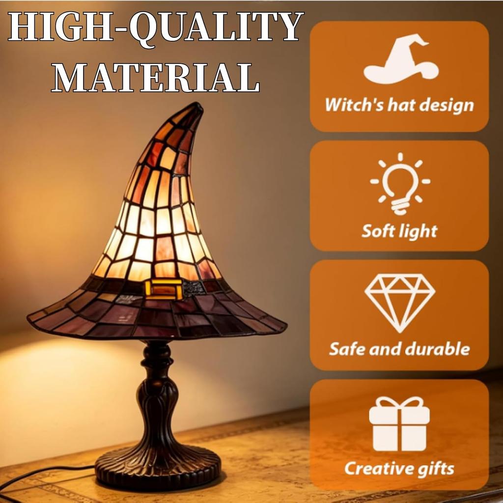 Stained Glass Magic LED Witch Hat Lamp Purple USB Plug Resin Night Light Large Ornament