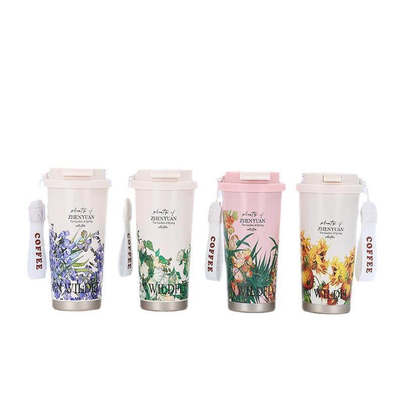 Lily of the Valley 316 Stainless Steel Insulated Coffee Cup with Double-Layer Straw