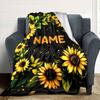 Sunflower Floral Design With Green Leaves And Golden Accents On A Dark Background Gift Personalized Blanket Customize Text Warmthful Decor Great For