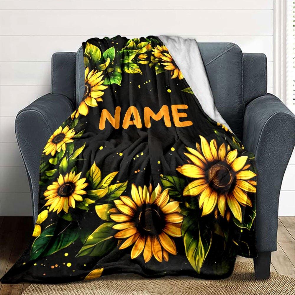 Sunflower Floral Design With Green Leaves And Golden Accents On A Dark Background Gift Personalized Blanket Customize Text Warmthful Decor Great For