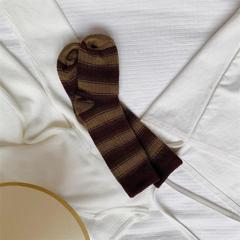 Female Spring and Autumn Vintage Towel Bottom Stripe Solid Color Tall Cotton Socks