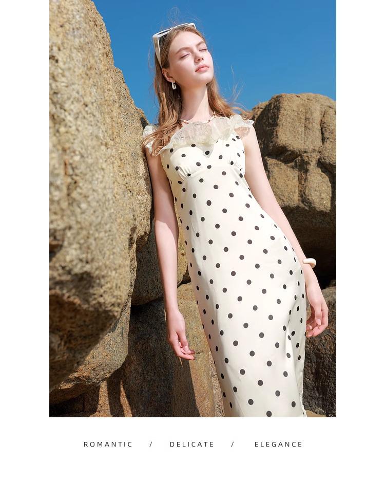 Elegant French White Polka Dot Suspender Dress - Summer 2025 Waist-Cinching Slimming Design