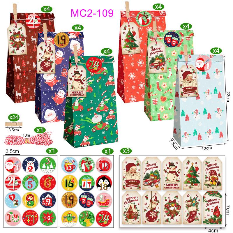 Christmas Advent Calendar Kraft Gift Bags Set - 24 Pieces