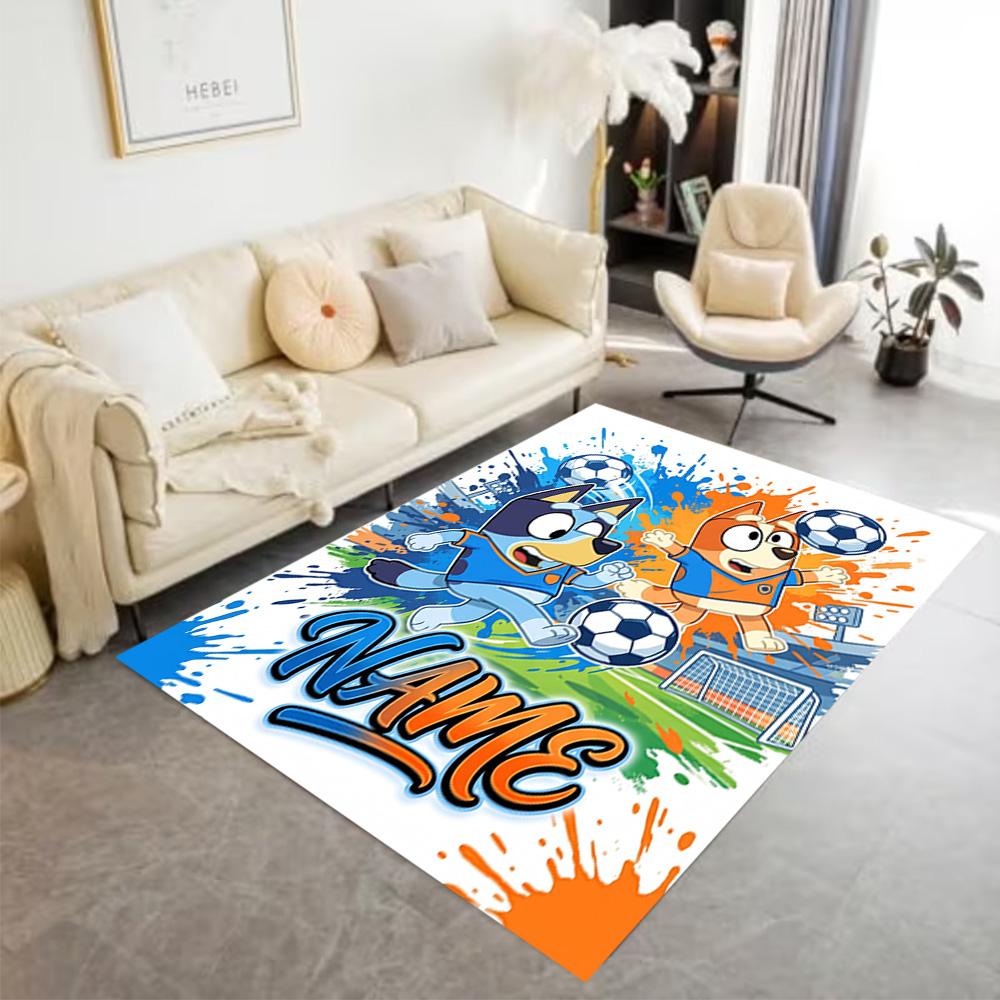 Bluey Soccer Adventure Customizable Name Area Rug Design for Playrooms Kitchen Entryway Outdoor Antislip Carpet Anime Office Decor