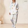 Women Plus Size Printed Nurse Scrub Set V Neck Long Sleeve Top With Pockets Long Pants