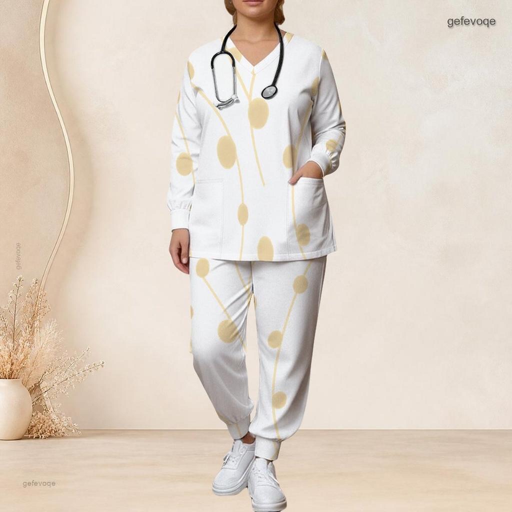 Women Plus Size Printed Nurse Scrub Set V Neck Long Sleeve Top With Pockets Long Pants