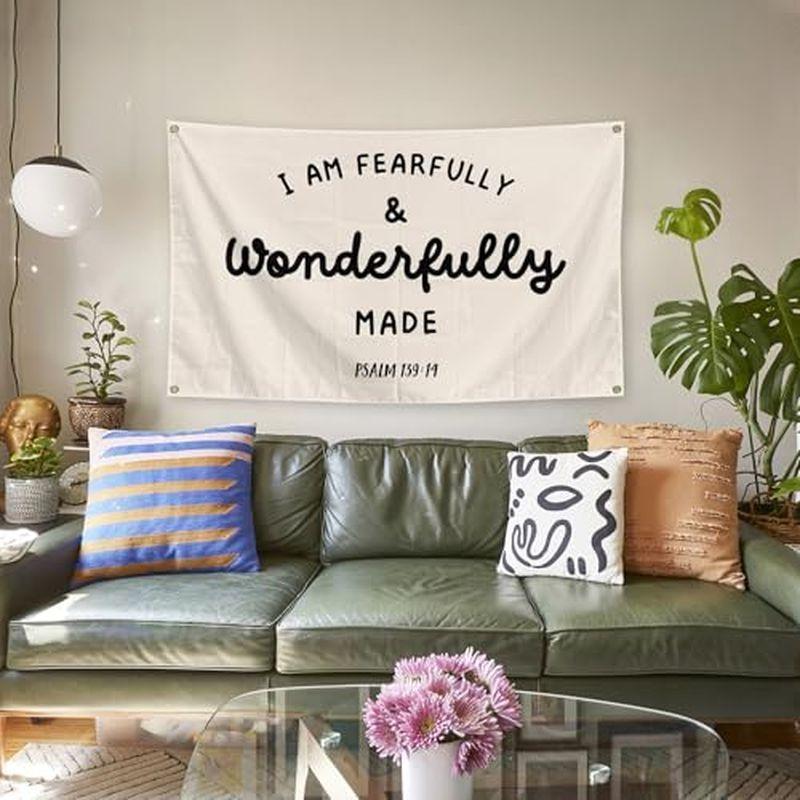 Fearfully Wonderfully Made Psalm Quote Wall Tapestry Beige Black Text Bible Verse Christian Religious Scripture Bedroom