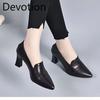 New Women's Pointed-toe Thick-heeled Versatile Basic Open-toe Leather Shoes, Single Shoes Devotion