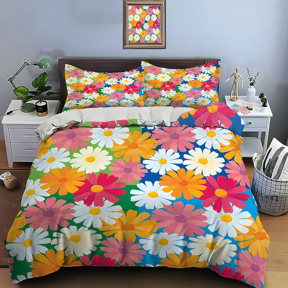Multiple Sizes Colorful Daisy Pattern Bedding Set 1 Duvet Cover 2 Pillowcases For Adult And Children Luxury Gift Full Size