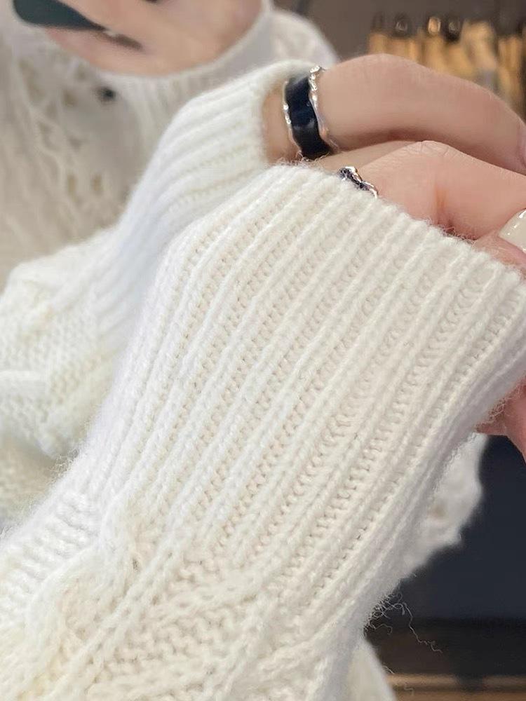 Solid Color Round Neck Jacquard Wool Sweater - Long Sleeve, Casual, Versatile, 100% Pure Wool Pullover