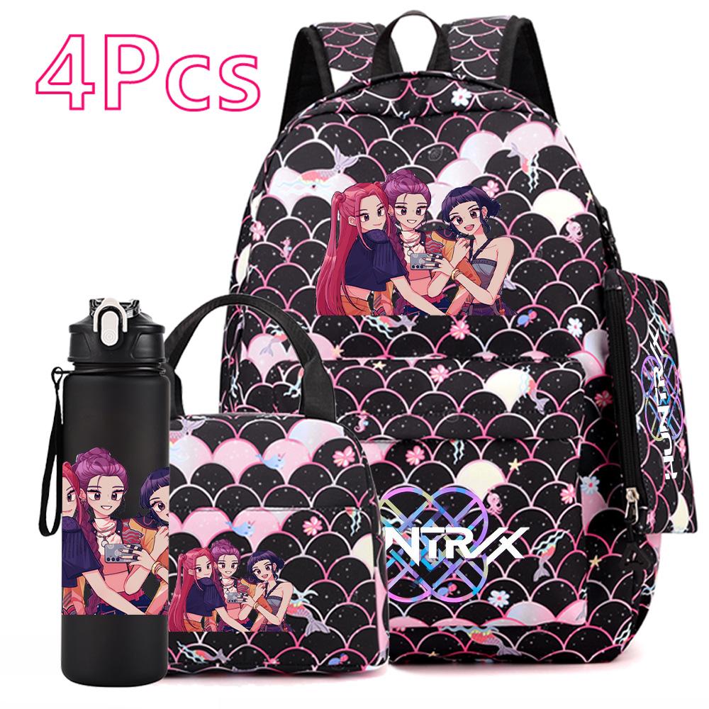 4Pcs/set Anime Cute K-POP Printed Backpack Large Capacity Bookbag HandBag Case Bag with 750ml Water Bottler Boy Girl SchoolBag Waterproof Mochila