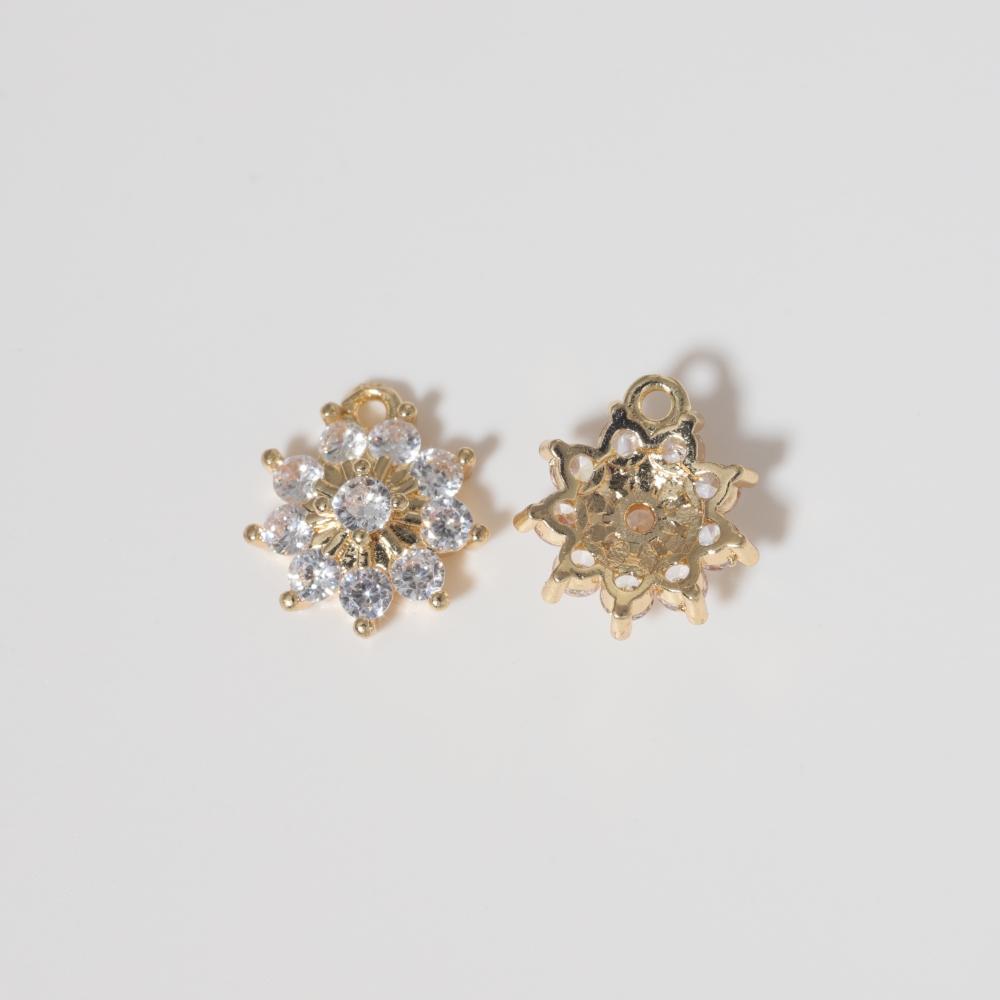 Pink Zirconia Flower Copper Charms, Golden Plated DIY Jewelry Pendants for Earring Necklace Craft