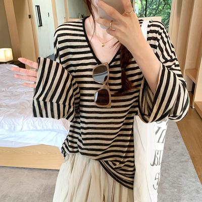 Lazy Style Striped Round Neck Sun Protection Long Sleeve T-Shirt Women's Thin Oversize Loose Slim Blouse Top