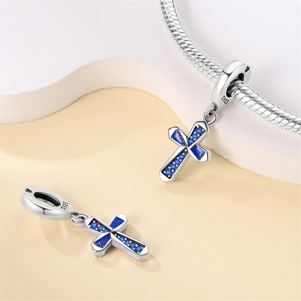 Authentic Original Copper Metal Charm Bead Components Luxury Blue Zircon Cross Bead Components Compatible With Bracelet High Quality Fine Jewelry Do