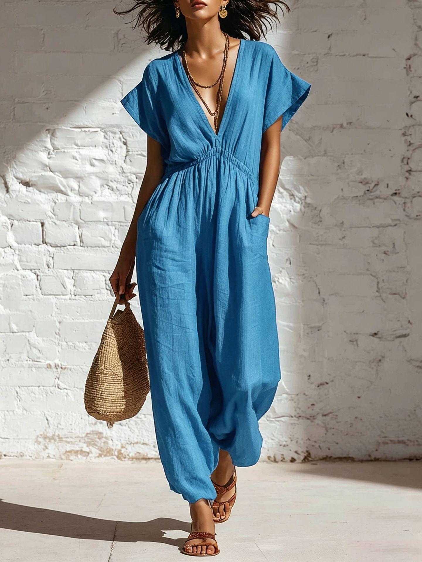 2026 European and American cross-border foreign trade women s clothing summer personality trend deep V-neck loose waist street style jumpsuit women S
