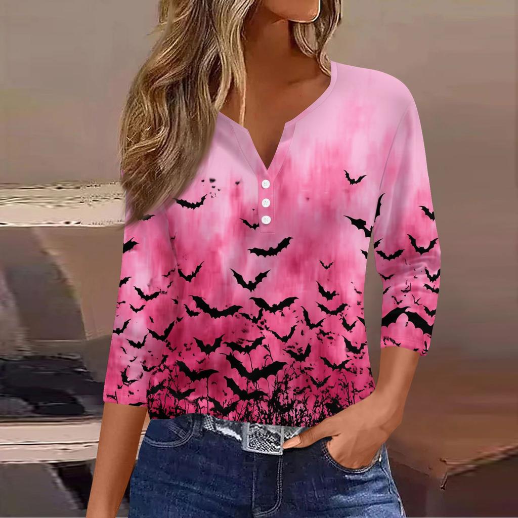 Women's Casual Fashion V-neck Loose Versatile Halloween Print Three-quarter Sleeve Top