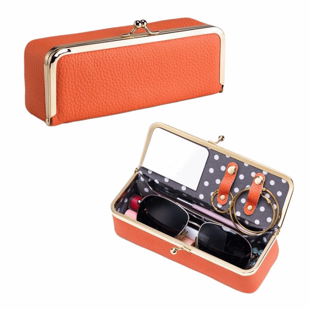 Genuine Leather Cosmetic Storage Pouch Portable Solid Color Sunglasses Storage Case Buckle Fixed Compact Jewelry Storage Bag