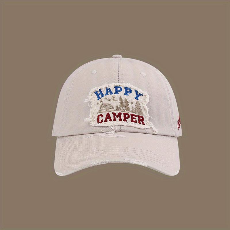 Happy Camper Patchwork Baseball Cap - Adjustable Snapback, Lightweight Polyester, Distressed Design With Forest & Campfire Graph