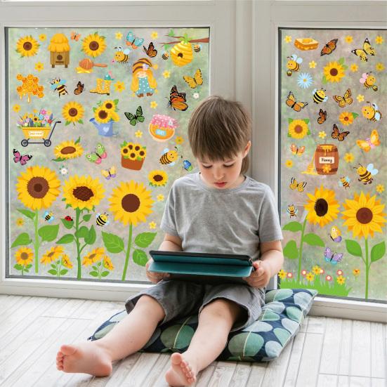 8 Blatt Sonnenblume Biene Schmetterling Fensteraufkleber Statisch PVC Fensterfolie Wiederverwendbar Abnehmbar Frühling Blumige Aufkleber für Glastür Fenster Dekoration