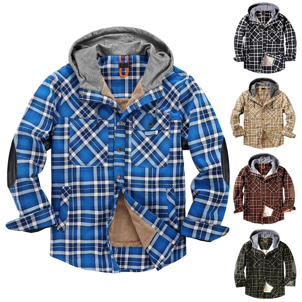 Men's Quilted Lined Button Down Plaid Shirt Add Velvet To Keep Warm Jacket With Hood