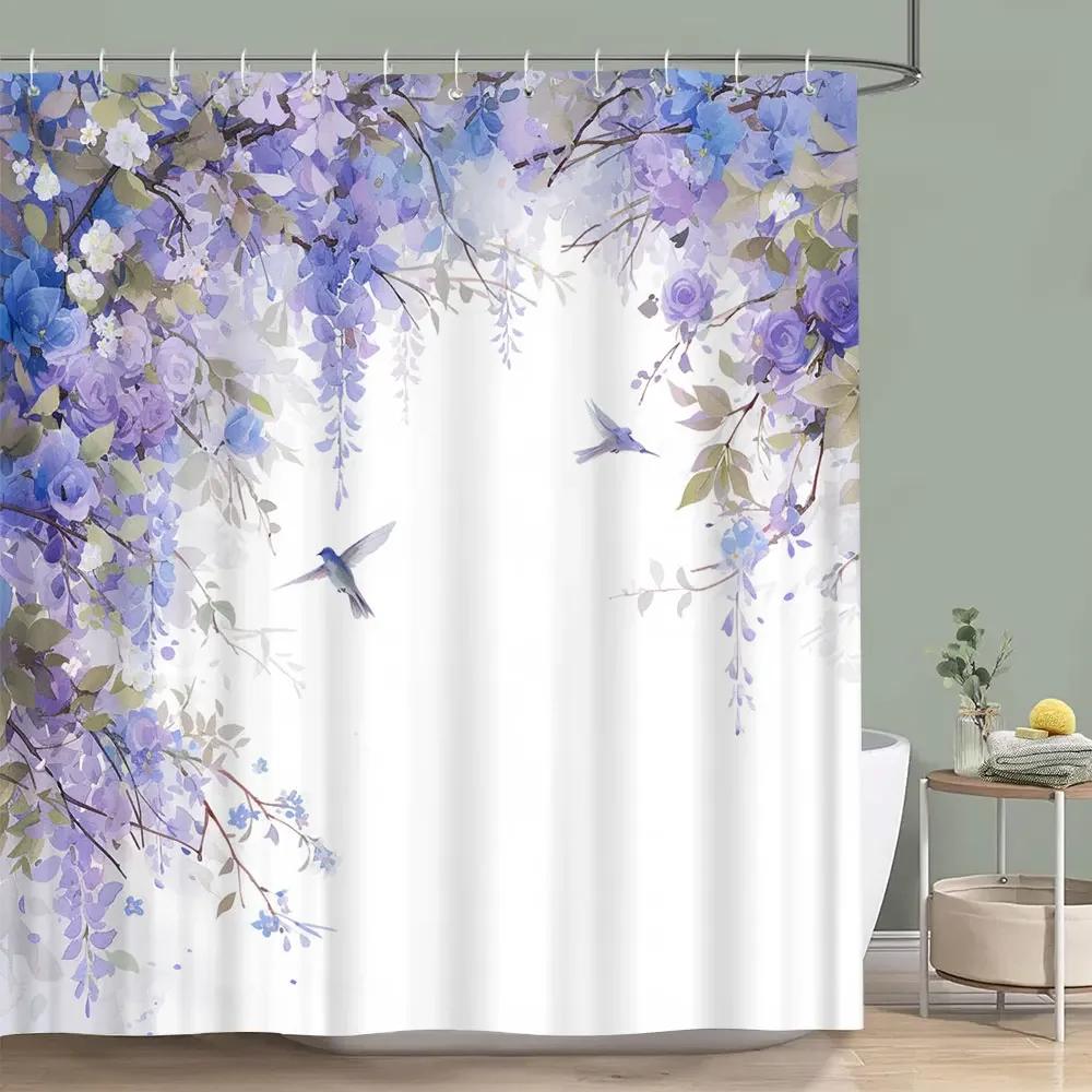 Beautiful Hummingbird Floral Shower Curtain Butterfly Flower Botanical Watercolour Print Polyester Shower Curtain Bathroom Decor
