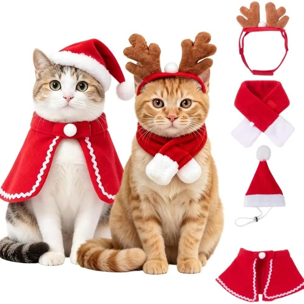 4Pcs Warm Christmas Pet Costume Set Soft Santa Hat Outfit Pet Cape  Small Pet
