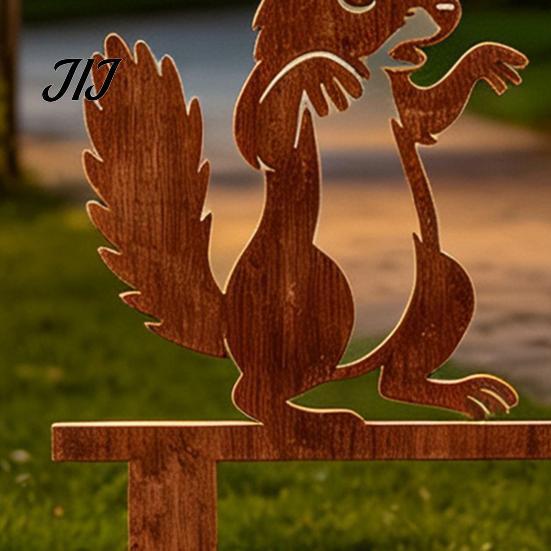 Outdoor Plant Bed Decor Rusty Metal Squirrel with Acorn Garden Stake, Cute Animal Silhouette Sculpture, Decorative Outside Yard Art Ornament for Patio