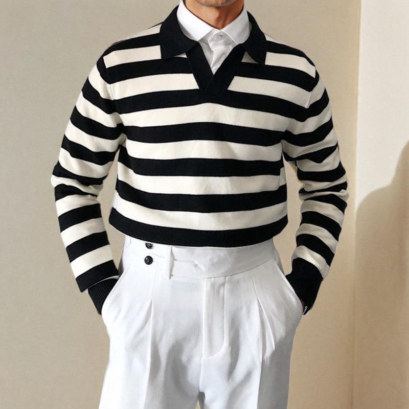 

Men s Old Money V-Neck Striped Polo Sweater - Autumn/Winter Knitwear XL чорний