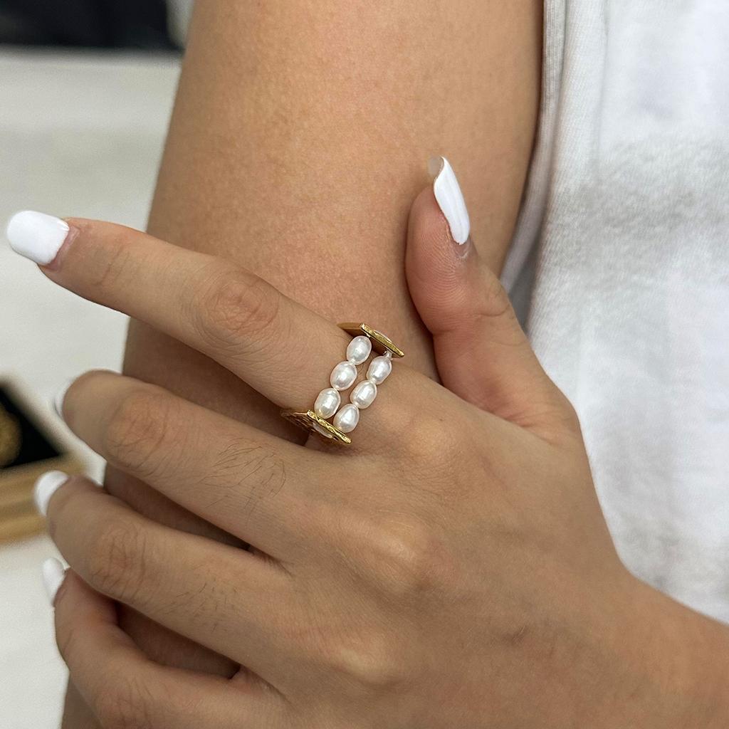 Youthway Double-Layer Freshwater Pearl Stainless Steel Ring For Unisex Gold Color Luxury Daily Jewelry Matching Gift