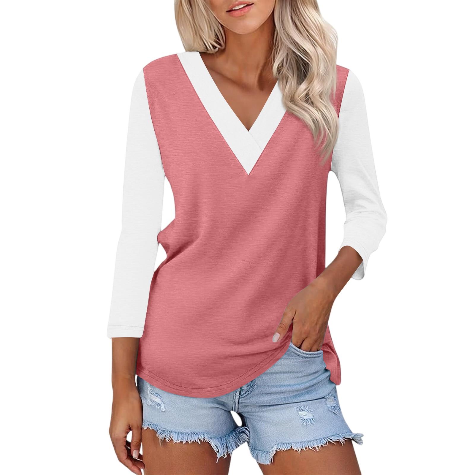 

Women s Casual Fashion Sexy Comfortable V-neck Stitching Color Three-quarter Sleeve Top S рожевий