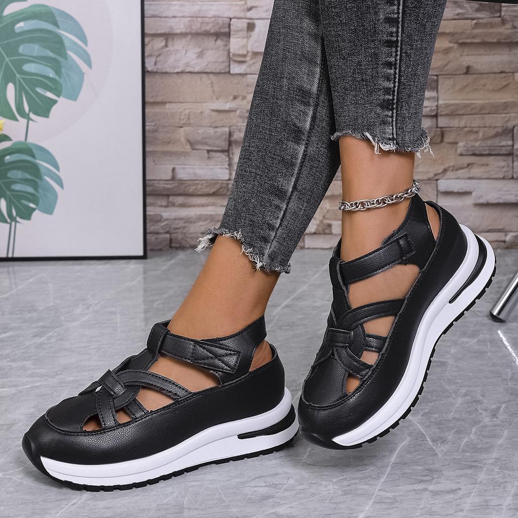 Summer Slope Heel Sandals Bag Head Hollow Breathable Large Size Muffin Thick Sole Velcro Sandals