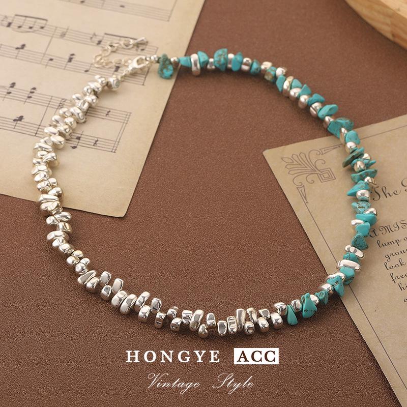 

Бирюзовое и Серебряное Фрагмент Ожерелье ручной работы для Мужчин и Женщин - Модная китайская цепочка для ключиц Thick Silver