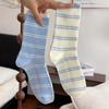 Spring and Summer Women's Socks: Cotton, Light and Fresh, Light Blue Striped Fabric Label, Mid-calf Pile Socks, Sweet Girl Socks