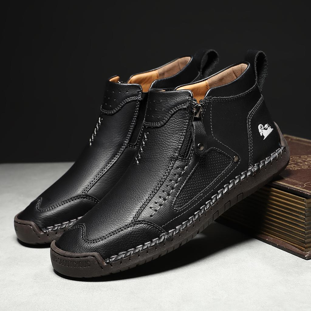 New Classic Handmade Leather Men's Shoes with Zipper Design Outdoor Sneakers Casual Flat Shoes Men Work Shoes Ankle Boots
