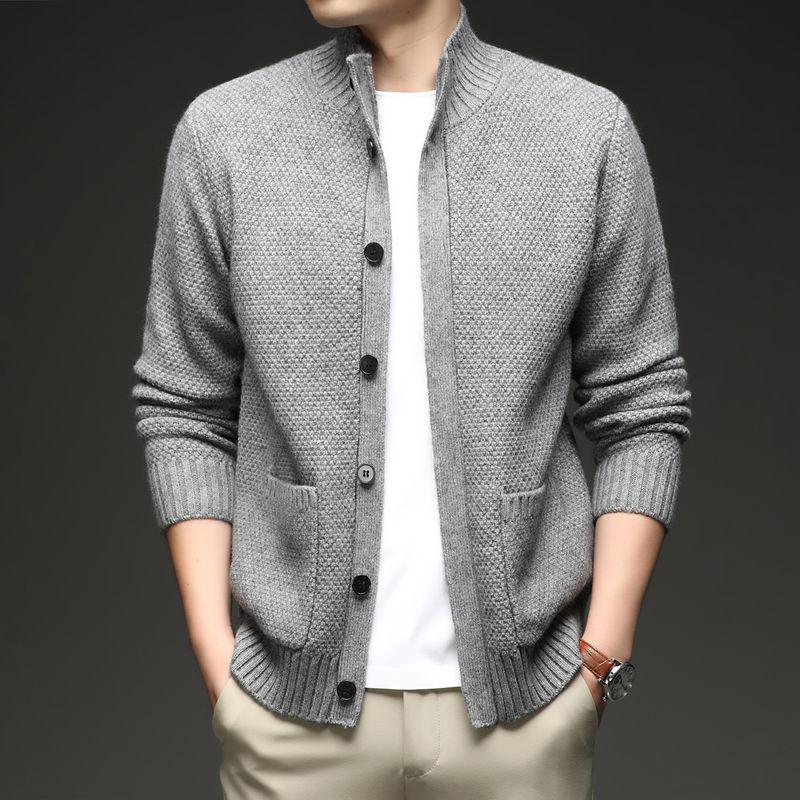 Men's Knitted Stand-up Collar Cardigan: Trendy Autumn/Winter Fashion Sweater with Long Sleeves and Thickened Design.