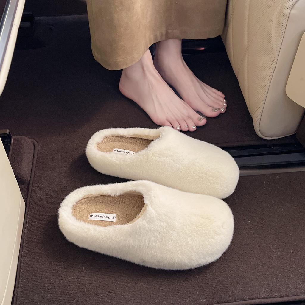 3cm2025 Niche White Plush Slippers Women's New Korean Version Retro Back Empty Autumn and Winter One-word Drag