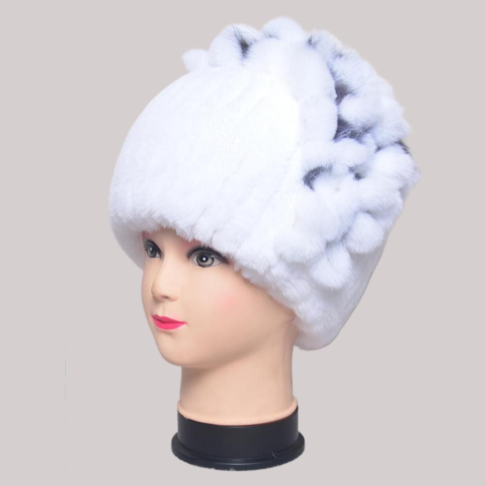 New Luxury Women Fur Hat For Winter Handmade Natural Rex Rabbit Fox Fur Cap Fluffy Female Fur Headgear Brand Warm Beanies Cap