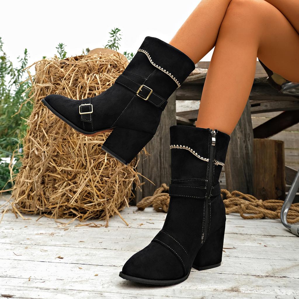 Women's new fashion boots autumn and winter new belt buckle flip large size medium tube pointed Martin boots in stock