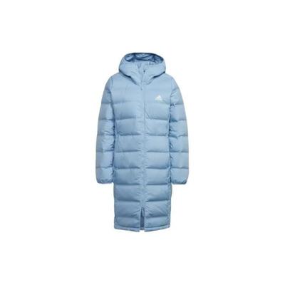 Chaqueta Larga Acolchada Cálida con Capucha para Exterior con Cremallera y Logo de Color Sólido para Mujer Azul GQ7116