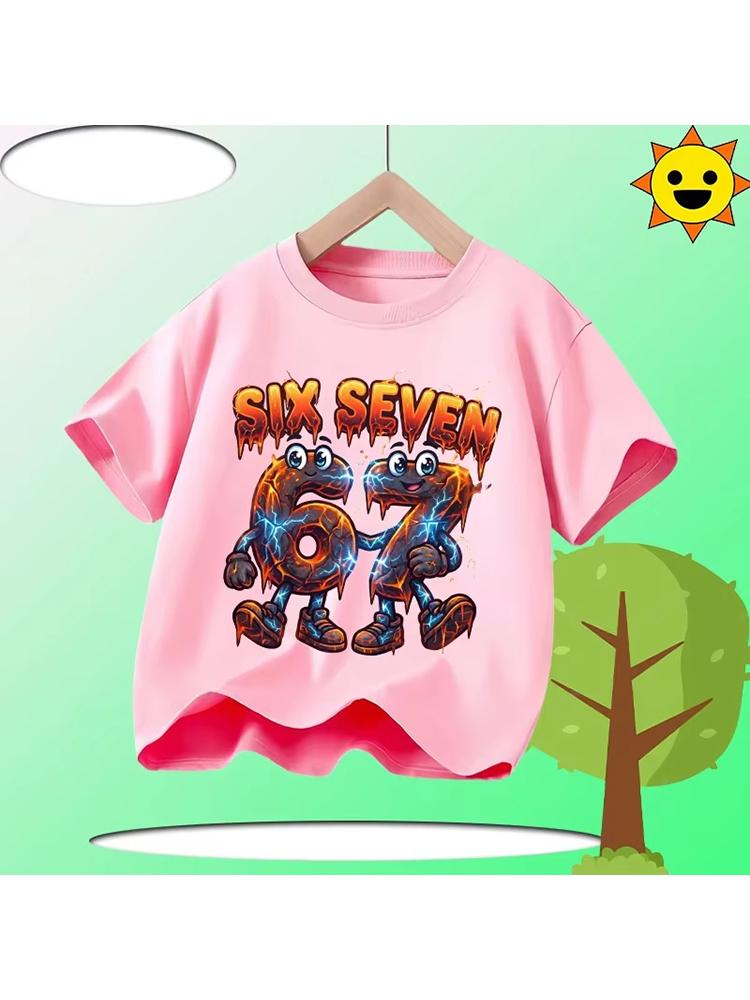 Kids Pink SIX SEVEN 67 Gradient Graphic TShirt Soft Cotton Cute Tee for Girlsdf0174