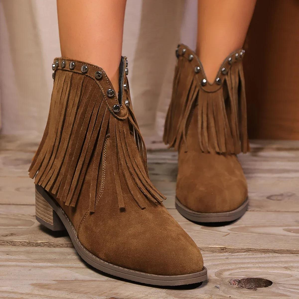 

Осенняя обувь для женщин. Женские ковбойские ботильоны на толстом каблуке. Модные кисточки с острым носком. Женские ботинки в стиле вестерн. Новые женские ботинки на молнии. 36