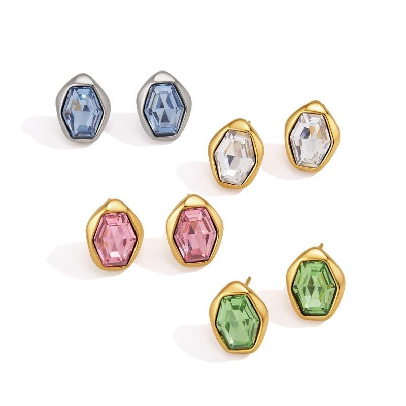 1Pair Stainless Steel Stud Earrings Irregular Colorful Crystal Ear Studs Luxury Korean Jewelry For Women Daily Party Wear