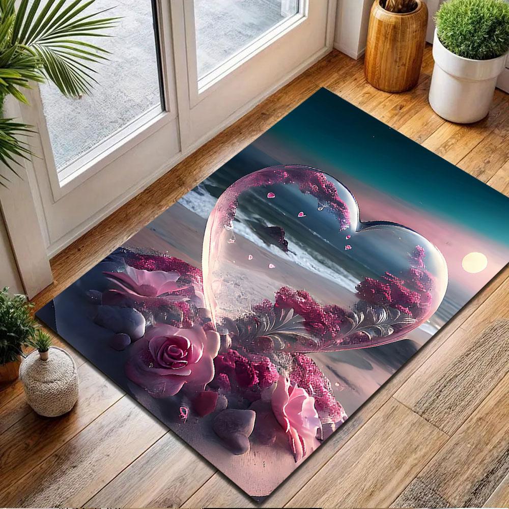 Romantic Heart Beachscape Patterned carpet, non slip mat suitable for living room and bedroom sofas