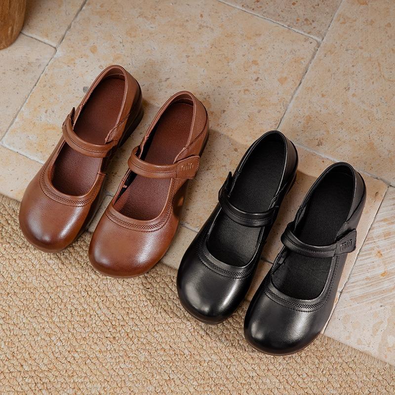 Cowhide Mother Shoes Spring and Autumn Soft Sole Non-slip Shallow Mouth Single Shoes Medium and Old Casual Retro Thick Heel Velcro Leather Shoes Women