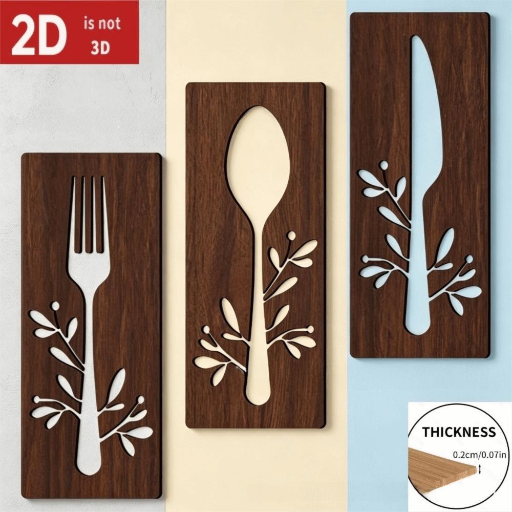 3pcs Hollow Out Kitchen Tools Wall Plaques Fork Wall Sticker Hangings Restaurant Decor