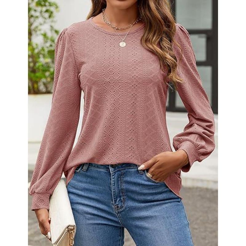 Women's Blouse Round Neck Small Eyelet Bubble Sleeve Long Sleeve Top